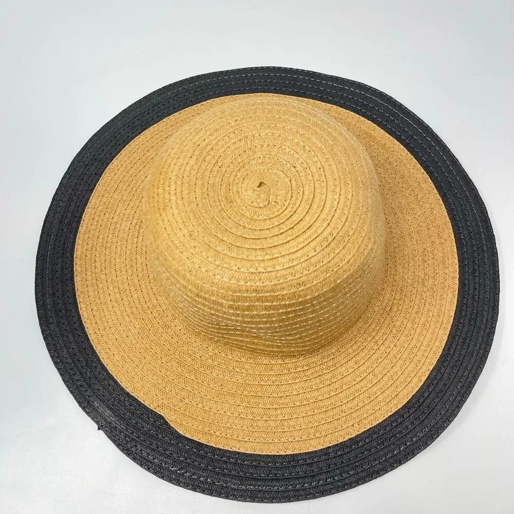 Forever 21 Beige Black Soot Floppy Wide Brim Woven Paper Sun Hat One Size OSFM